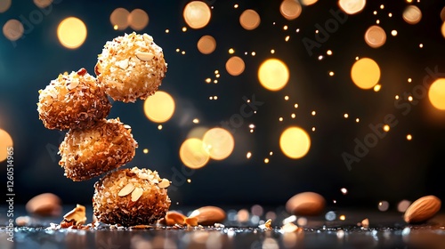 A pile of assorted nuts and crunchy toasted almond coconut macaroons on a wooden surface photo