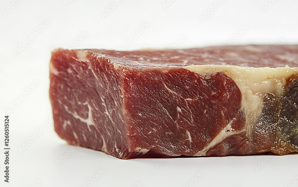 Close-up cured meat slice, white background, food photography, recipe ingredient Close-up cured meat slice, white background, food photography, recipe ingredient