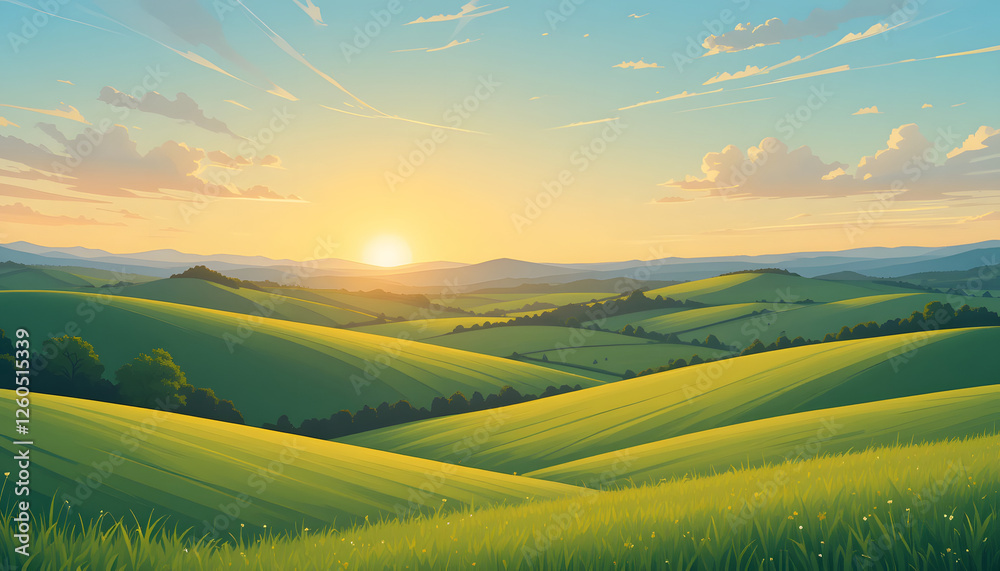 Obraz premium Sunset over rolling green hills