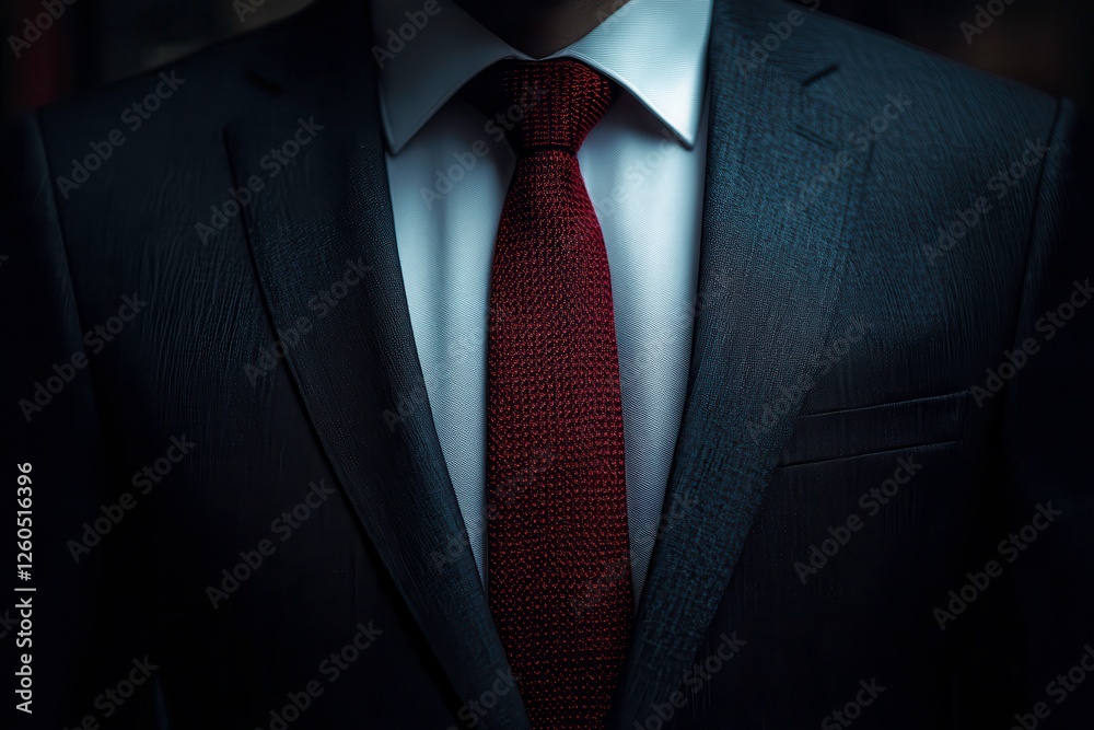 Mysterious Figure Dressed in a Dark Suit With a Striking Red Tie Creating an Enigmatic Atmosphere. Generative AI Mysterious Figure Dressed in a Dark Suit With a Striking Red Tie Creating an Enigmatic Atmosphere. Generative AI