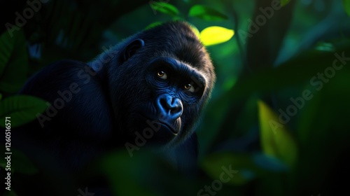 A captivating close-up of a gorilla in a lush, green jungle, showcasing its expressive eyes and powerful presence photo