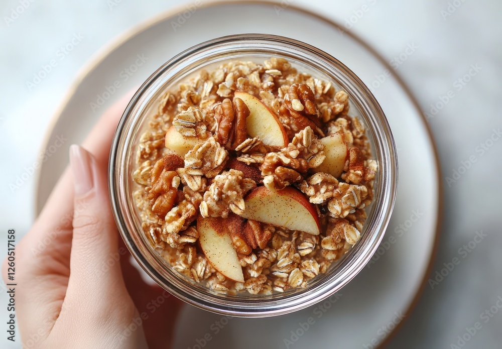 Healthy Oatmeal with Sliced Apples and Nuts in a Clear Glass Jar on a Marble Countertop with a Wooden Plate Healthy Oatmeal with Sliced Apples and Nuts in a Clear Glass Jar on a Marble Countertop with a Wooden Plate