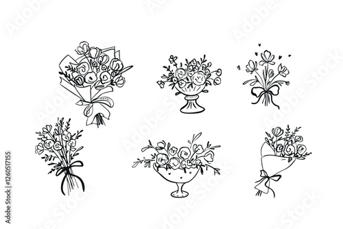 Set of vector illustrations of flower bouquets in doodle style, hand drawn in one line. For weddings, invitations, cards, stickers, for design and printing