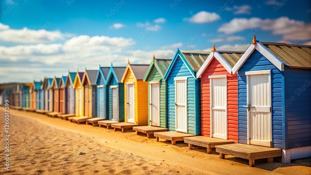 Miniature Beach Scene: Row of White Wooden Beach Sheds Miniature Beach Scene: Row of White Wooden Beach Sheds
