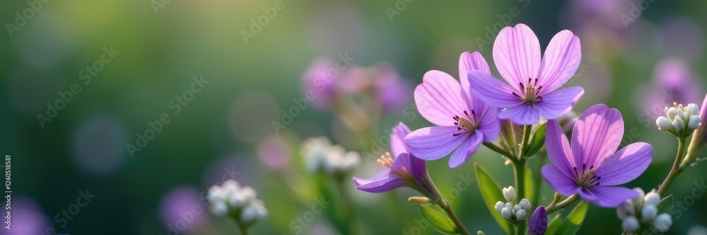 Delicate purple petals unfold on small white stems, greenery, tiny blooms Delicate purple petals unfold on small white stems, greenery, tiny blooms