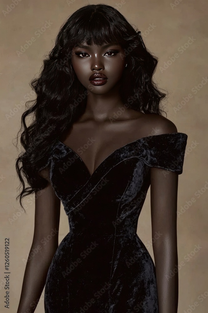 Fototapeta premium Elegant Black Velvet Dress Portrait of a Dark-Skinned Woman