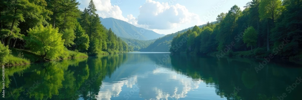 Dense foliage surrounds the lake's tranquil surface, reflections, water, calmness