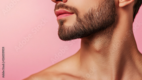 Close-up of a man's lower face and neck, showing a well-groomed beard against a pink background. Focuses on facial hair and skin texture. photo