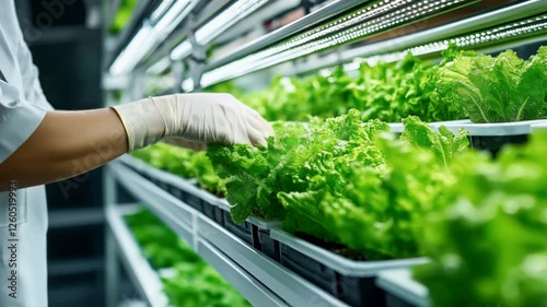 Person wearing gloves tending to leafy greens in a modern indoor vertical farm with LED lighting and hydroponic growing systems.