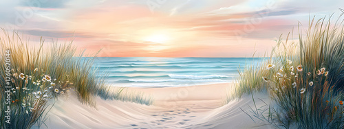 A simple illustration of a sandy beach with grasses and the ocean in soft pastel colors
