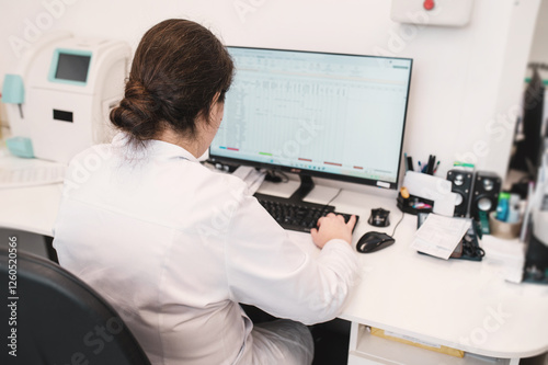 Wallpaper Mural A female lab technician works at a computer, analyzes samples and tabulates data. Scientific experiment, research Torontodigital.ca