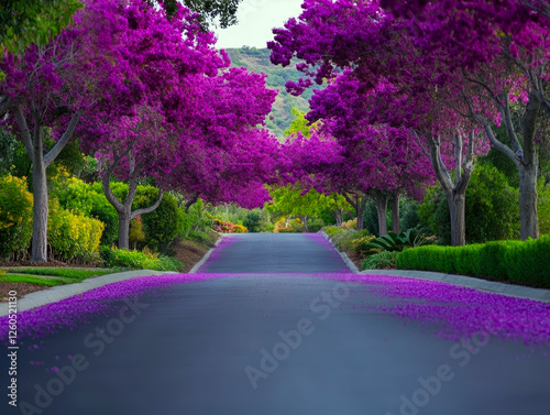 A stunning tree-lined street adorned with vibrant purple bougainvillea blooms, creating a picturesque and tranquil atmosphere. photo