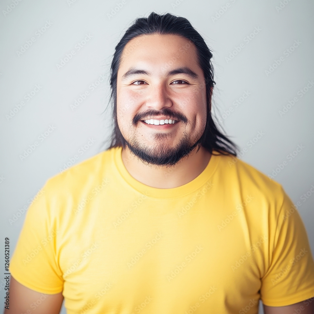 Smiling young man in yellow shirt with long hair and beard
