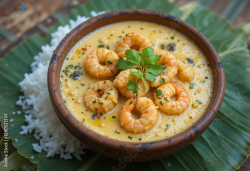 Savory shrimp curry in clay bowl with rice