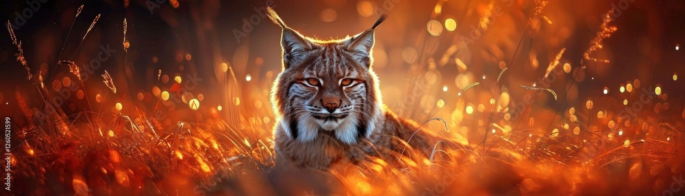 A cat is laying in the grass with a bright orange background