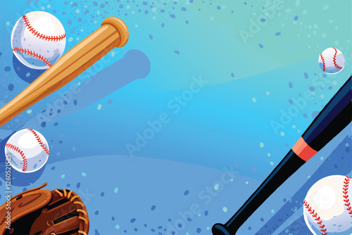 Create a vibrant vector background featuring baseball bats, gloves, and balls, ideal for sports websites or print media.  Emphasis on dynamic composition and bold colors.