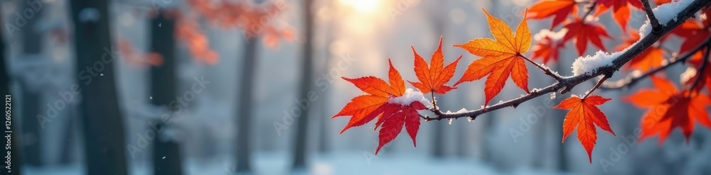 Frozen branch of a maple tree amidst colorful autumn leaves, snow, leaf, trees Frozen branch of a maple tree amidst colorful autumn leaves, snow, leaf, trees