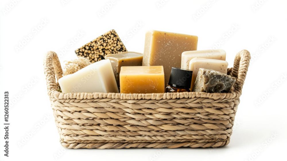Natural handmade soaps arranged in a woven basket on a light background Natural handmade soaps arranged in a woven basket on a light background