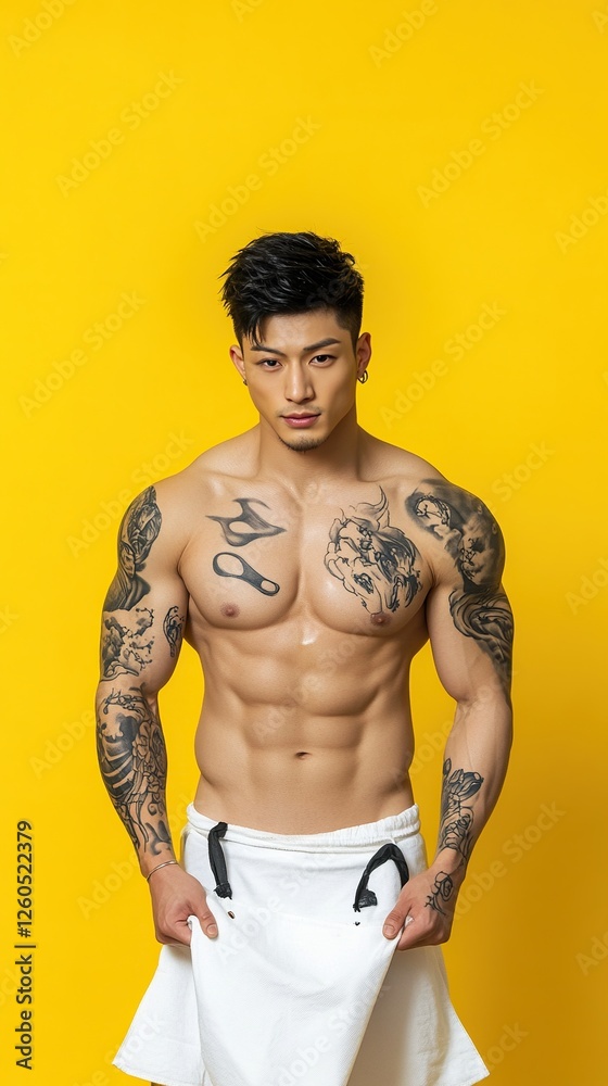 Fototapeta premium a photo of a cute Asian Man with tattoo is enjoying cooking full body in center, yellow back ground