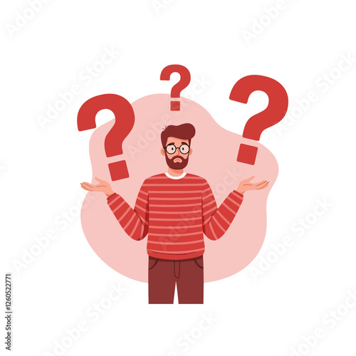 Confused Man with Question Marks Represents Uncertainty and Making Decisions