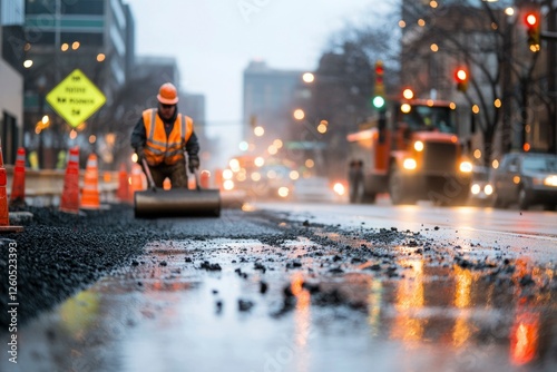 Wallpaper Mural Road work worker rolls tar on city street, cars in background, construction use Torontodigital.ca