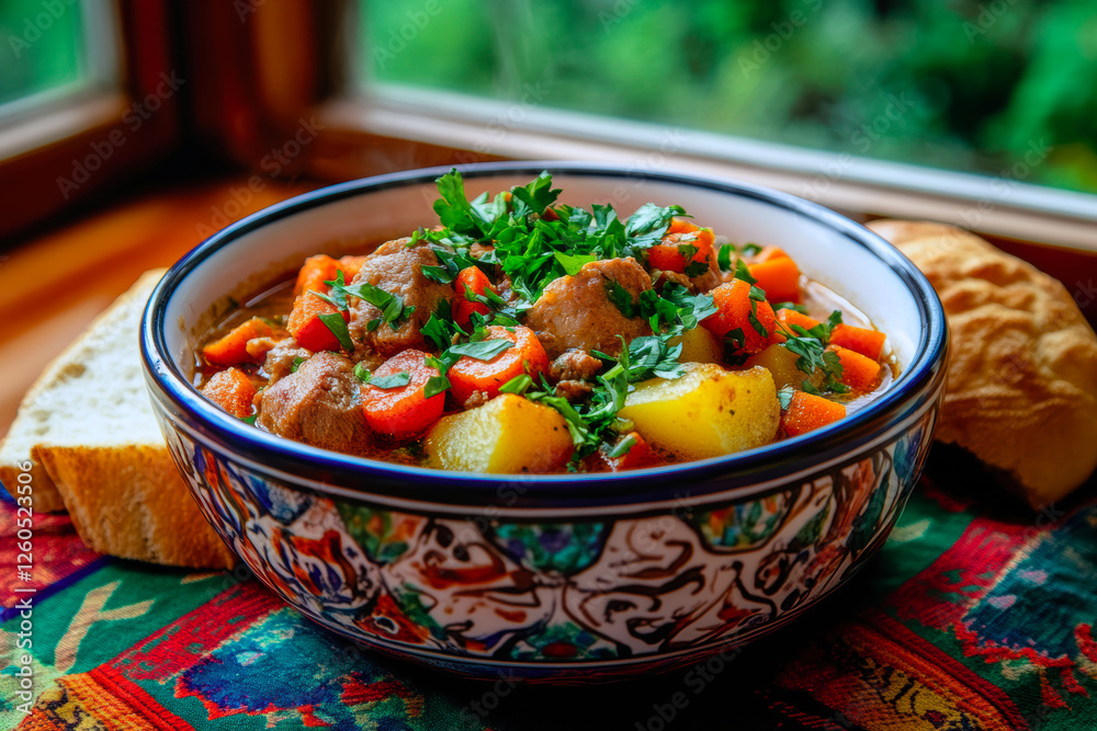 A comforting bowl of meat and vegetable stew, featuring tender meat, vibrant carrots, and potatoes, garnished with fresh parsley.