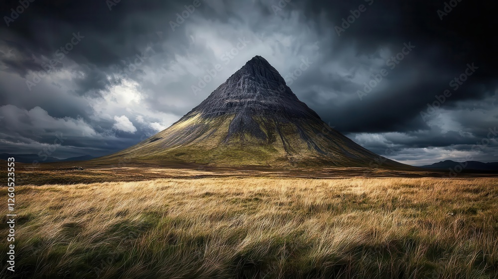 Obraz premium Desolate mountain peak obscured by dark, stormy clouds, evoking isolation