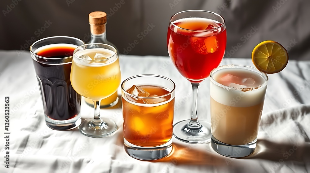 Set of various winter cocktails: mulled wine, eggnog, limoncello, old-fashioned, coconut margarita. White linen background. Set of various winter cocktails: mulled wine, eggnog, limoncello, old-fashioned, coconut margarita. White linen background.
