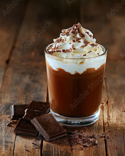 Savor the rich, creamy goodness of this decadent hot chocolate topped with whipped cream and chocolate shavings, perfect for cozying up on a cold day.