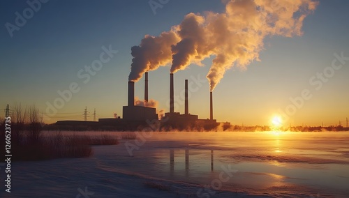 Industrial Plant Pollution Sunset Sunrise Over Frozen River photo