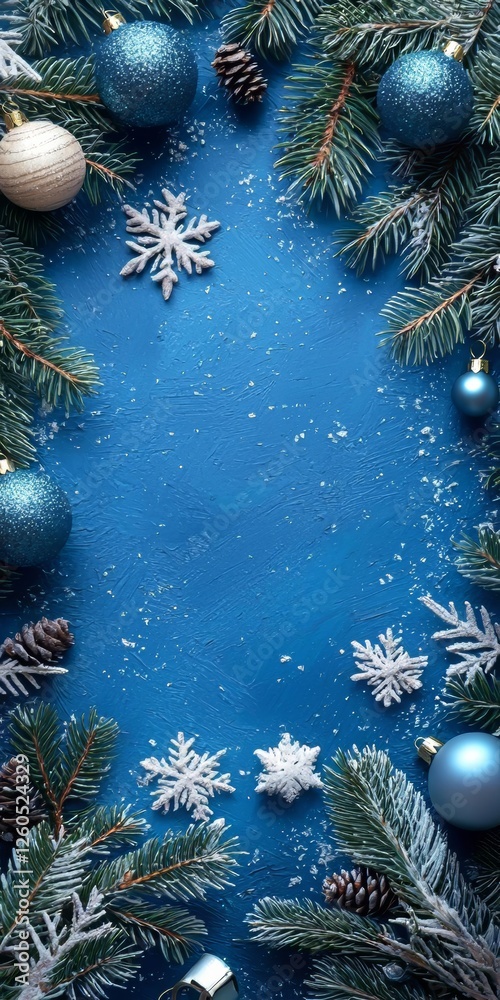 Blue Holiday Background with Ornaments, Snowflakes, and Pine Branches Blue Holiday Background with Ornaments, Snowflakes, and Pine Branches