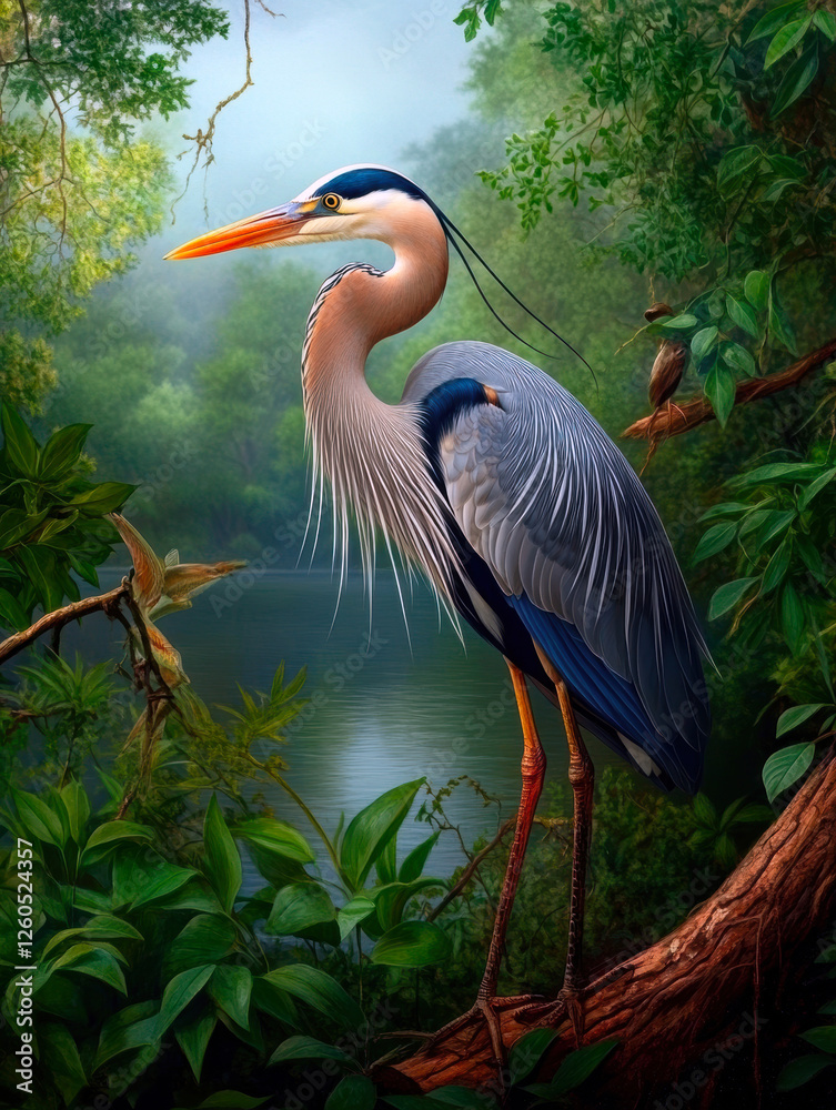 Fototapeta premium A stunning heron stands gracefully near a serene waterway, surrounded by lush greenery, showcasing vibrant plumage and intricate details, embodying the beauty of nature's tranquility.