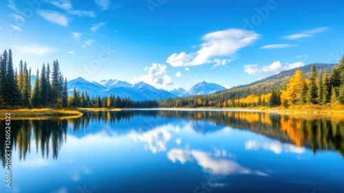 A serene landscape featuring a calm lake reflecting the vibrant autumn colors of surrounding trees and majestic mountains under a clear blue sky, evoking peace and natural beauty.