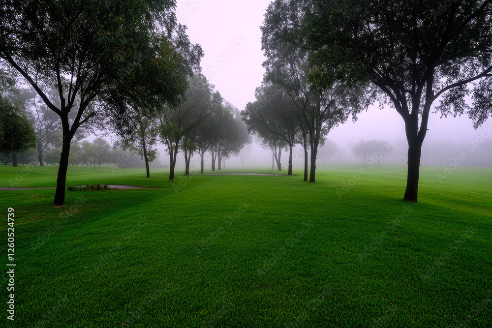 A serene landscape shrouded in mist, where lush green grass meets towering trees, creating a tranquil atmosphere perfect for peaceful contemplation or a leisurely stroll. A serene landscape shrouded in mist, where lush green grass meets towering trees, creating a tranquil atmosphere perfect for peaceful contemplation or a leisurely stroll.