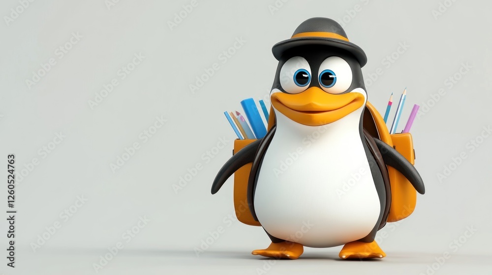 Obraz premium Cartoon penguin with backpack, ready for school, studio setting