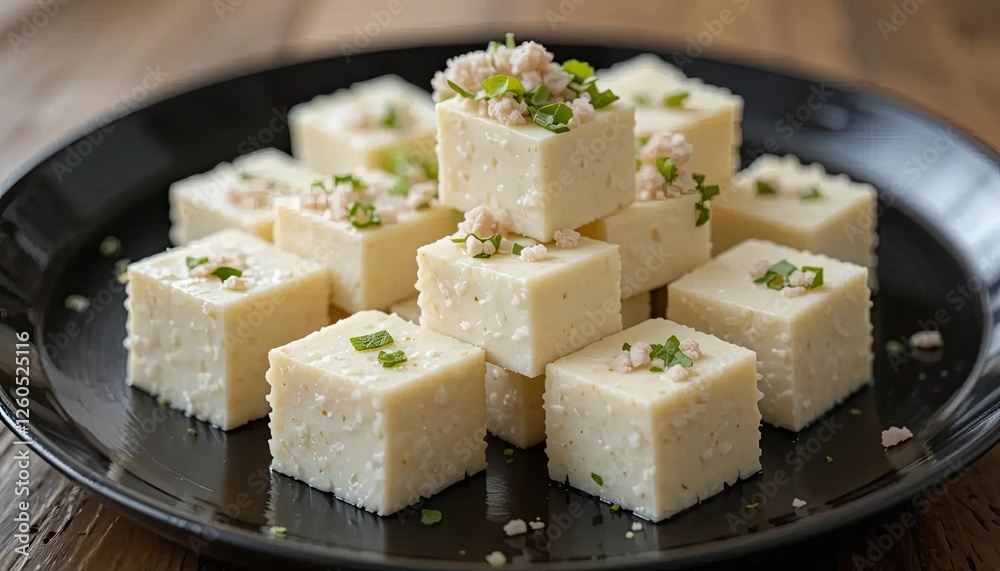Beautifully arranged tofu cubes placed on a black plate, showcasing a modern and visually pleasing dish presentation.
Beautifully arranged tofu cubes placed on a black plate, showcasing a modern and visually pleasing dish presentation.