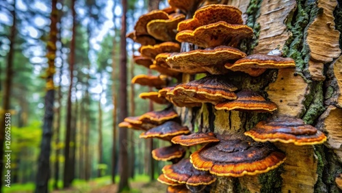 Close-up of Chaga mushrooms growing on the bark of a tree, with intricate fungal networks and rich, earthy tones , forest photo