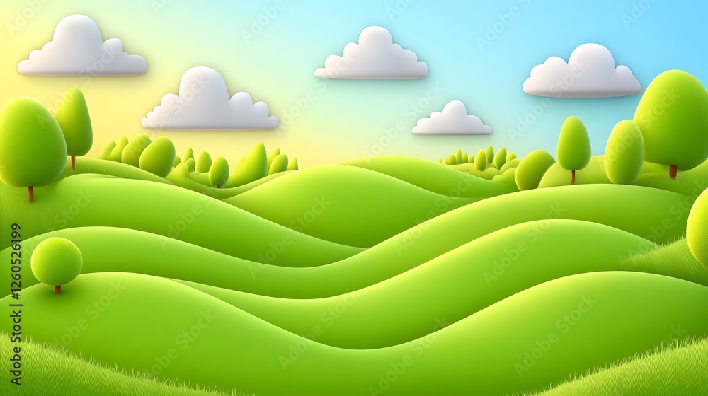 Obraz premium Soft light bathes gently rolling green hills cheerful cartoon landscape. AI Generated