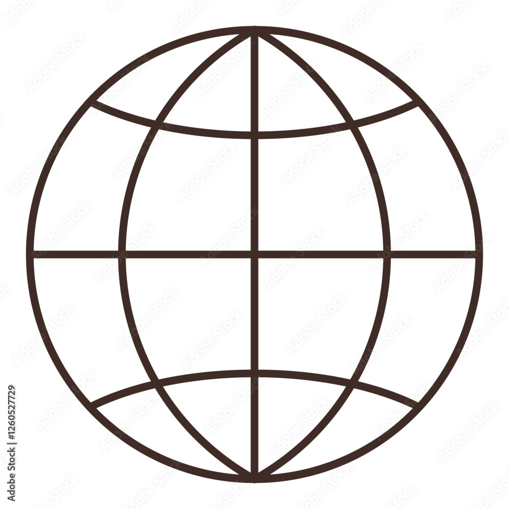 Circular globe outline with intersecting lines representing latitude and longitude. Ideal for global connectivity, geography, international relations, travel, technology, education, world. Flat color Circular globe outline with intersecting lines representing latitude and longitude. Ideal for global connectivity, geography, international relations, travel, technology, education, world. Flat color
