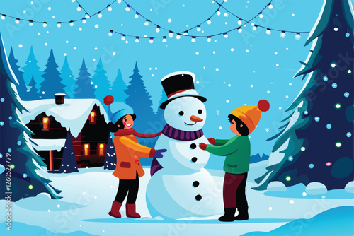 Three joyful children sculpt a cheerful snowman amidst a snowy landscape, winter hats and scarves adorning them.