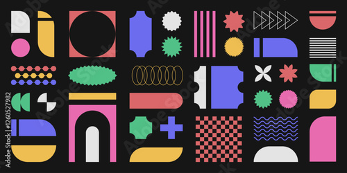 Abstract retro shapes, basic brutal forms and figures in Y2K aesthetics, vintage stickers, logos, labels. Decorative design elements, vector illustration.
