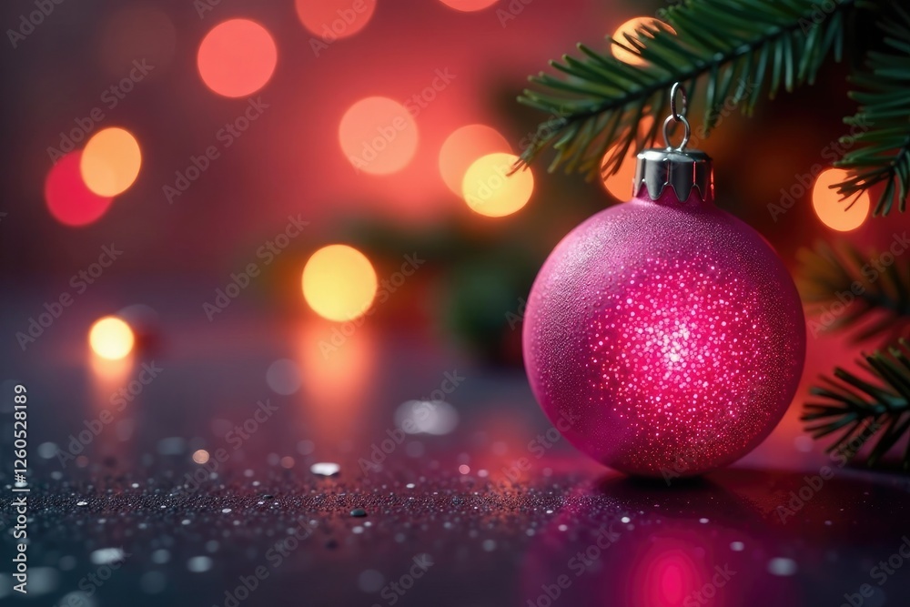 Single pink ball in bokeh effect amidst Christmas lights, holiday, festive Single pink ball in bokeh effect amidst Christmas lights, holiday, festive