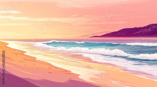 Serene Coastal Scene: Pastel Waves Crashing on a Tranquil Beach at Sunset