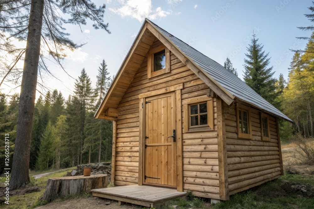Charming Small Wooden Cabin with Slanted Roof Surrounded by Lush Green Forest Landscape Charming Small Wooden Cabin with Slanted Roof Surrounded by Lush Green Forest Landscape