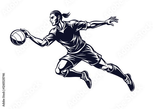 Basketball player jumping with ball isolated on white studio background. Sport, competition, hobby, active lifestyle.