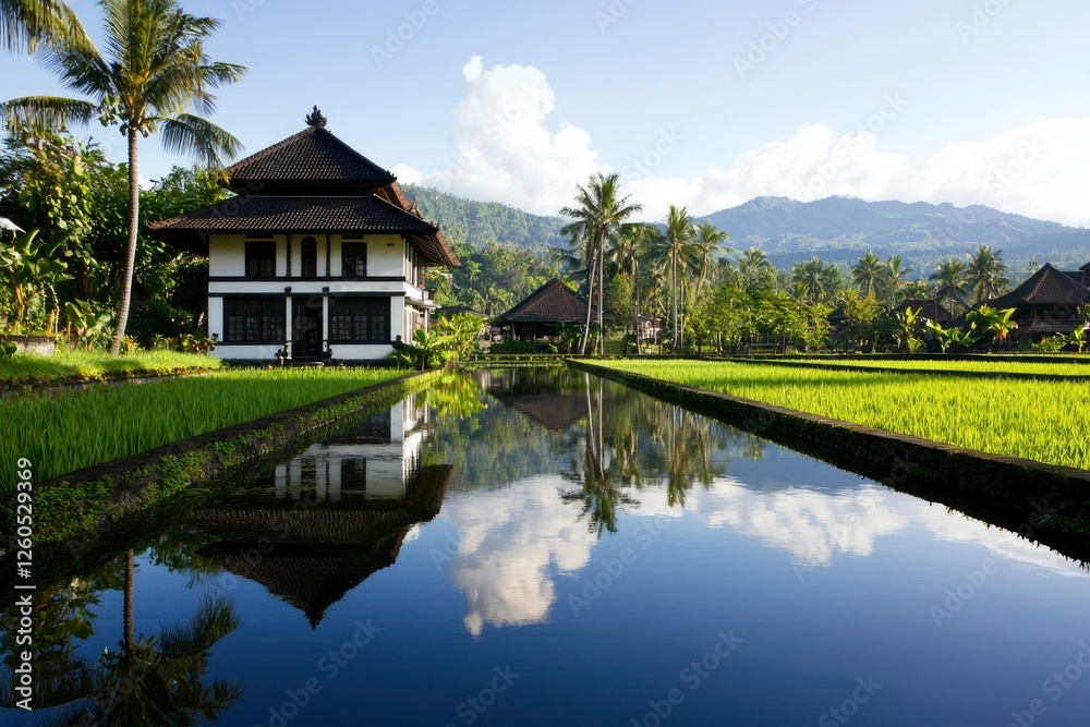 Tranquil house reflecting on water among rice fields on a sunny day for travel use Tranquil house reflecting on water among rice fields on a sunny day for travel use
