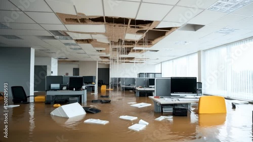 Flooded office with damaged ceiling, water streaming down, and floating debris in an open-plan workspace with computers.