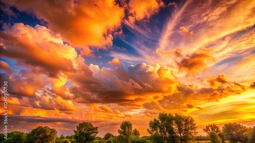 Obraz premium Soft pink clouds illuminated by a warm golden sunset behind them in the evening sky with gentle breeze and trees swaying gently, beautiful sky with clouds in the evening, natural scenery