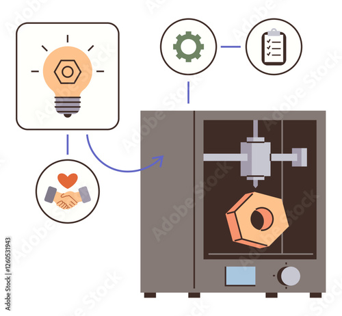 3D printer crafting hexagonal object, linked icons for innovation, workflow, collaboration, and process efficiency. Ideal for technology, manufacturing, innovation, creativity prototyping workflow