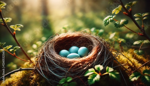 A close-up view of a birds nest containing a few light blue eggs resting on a bed of soft twigs and leaves. photo